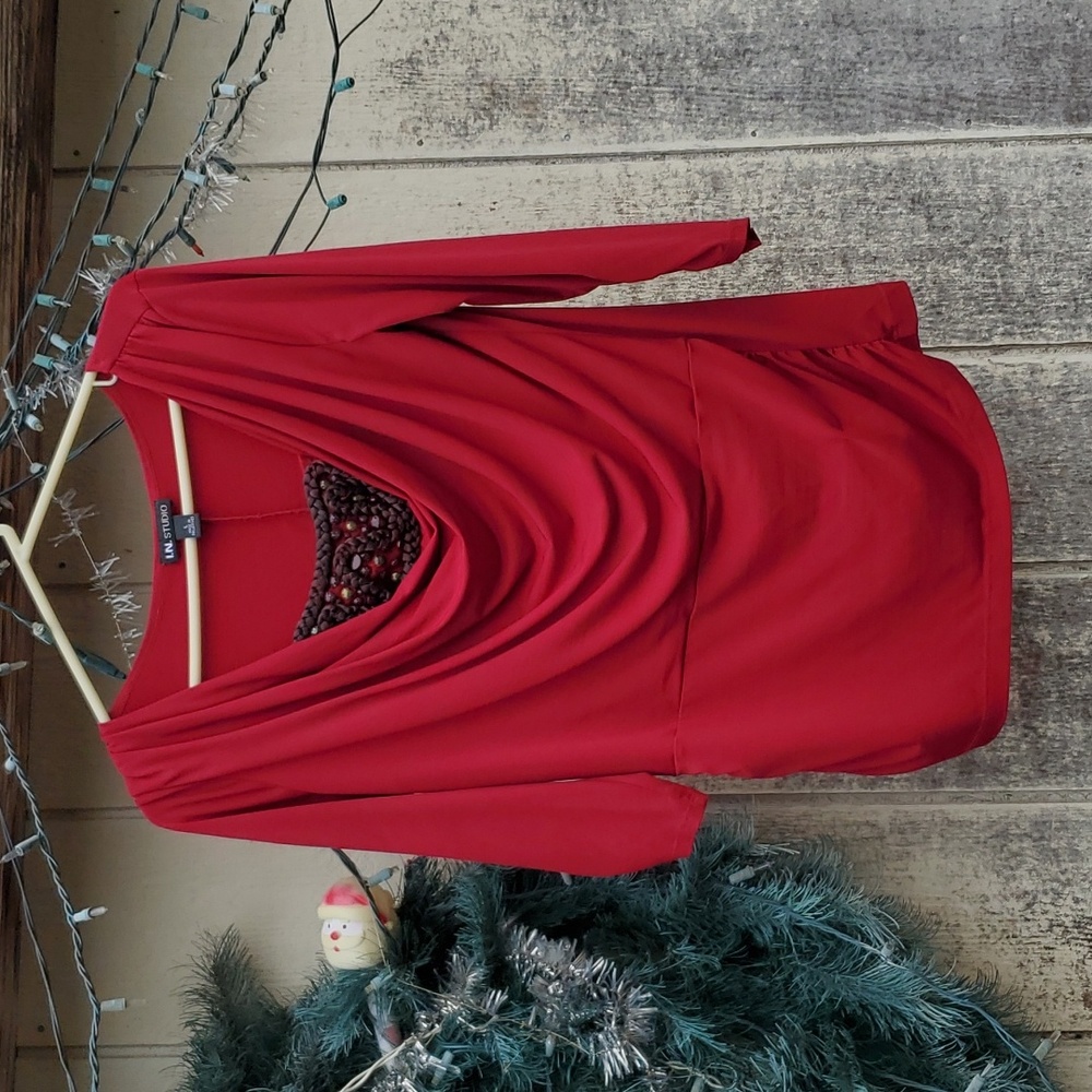 Red bead Embroidered long sleeved blouse